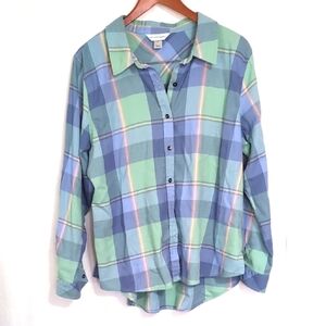Christopher & Banks Green Blue Plaid Long Sleeve Button Down Soft Cotton Size XL